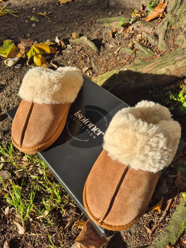 Mules femme Isotoner fourrées cuir camel indisponible chez Evasion Dieppe